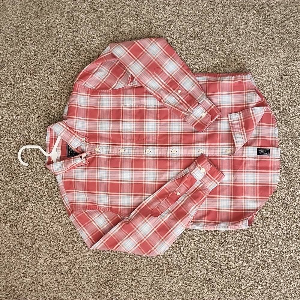 Abercrombie, Like New, dusty pink/white/blue-gray plaid, Men XS button-front